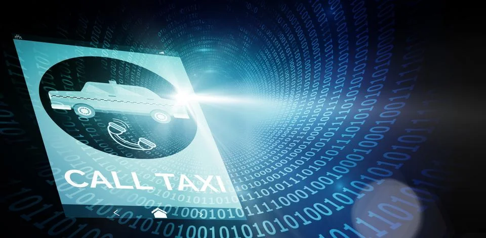 Composite image of digitally generated image of call taxi text and telephone Stockillustratie