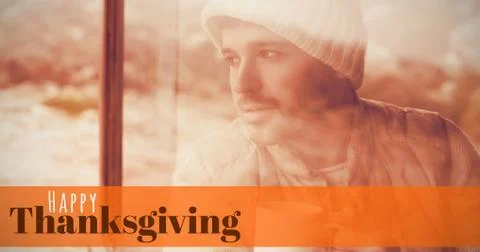 Composite image of digitally generated image of happy thanksgiving text Foto stock