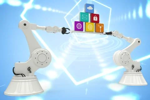 Composite image of digitally generated image of metallic robotic hands holding Foto stock