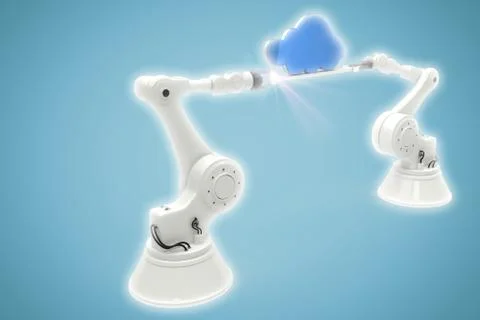 Composite image of digitally generated image of robotic hands holding blue cloud Stock Photos