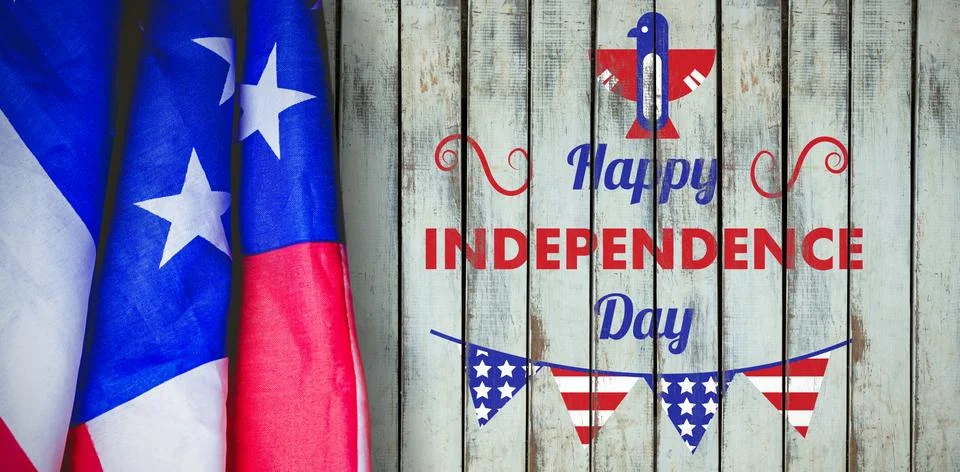 Composite image of digitally generated image of happy independence day text with Stock Photos