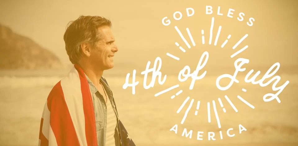 Composite image of digitally generated image of happy 4th of july message 写真素材