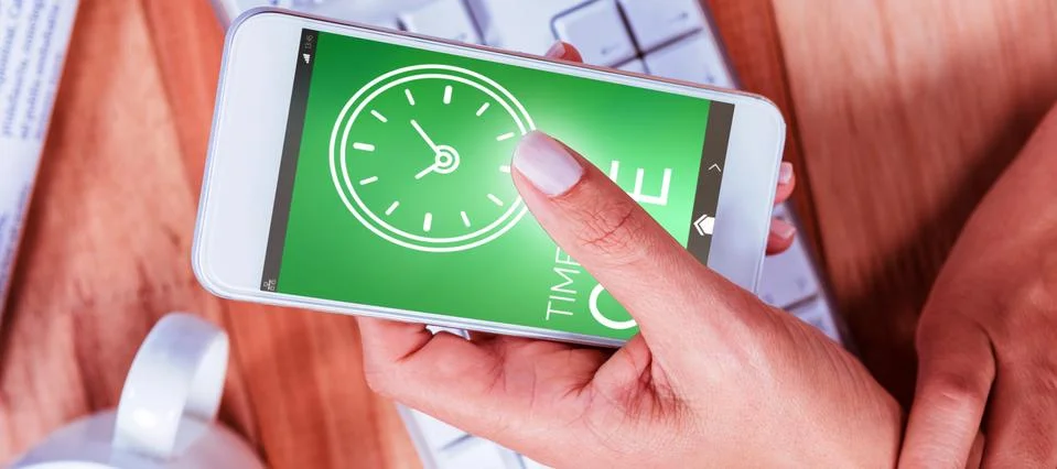 Composite image of digitally generated image of time to give text with clock Stock Photos