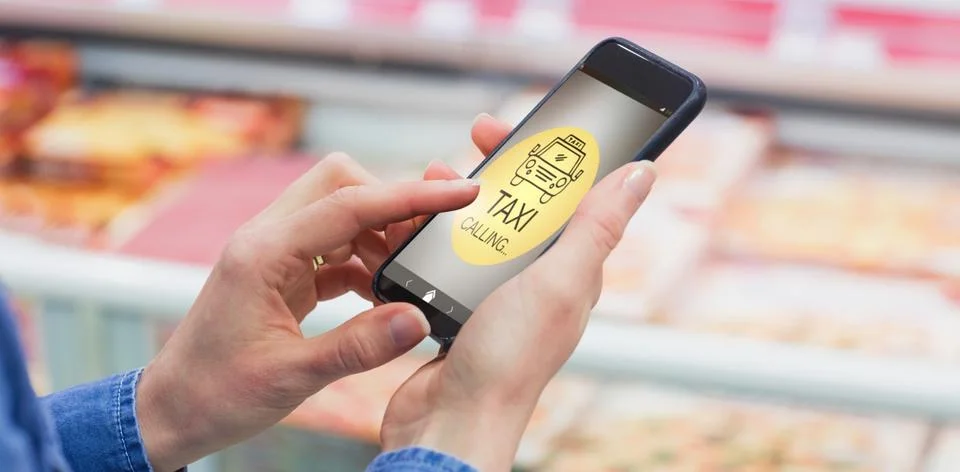 Composite image of digitally generated image of taxi calling text with icon Stock Photos