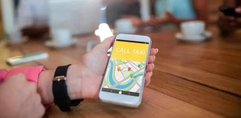 Composite image of digitally generated image of call taxi text with map Stock Photos