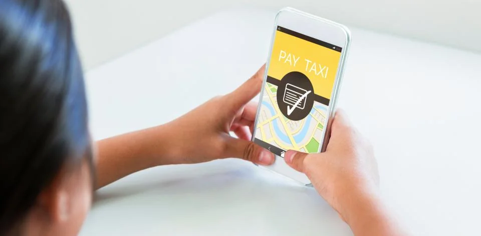 Composite image of digitally generated image of pay taxi text with map Stock Photos