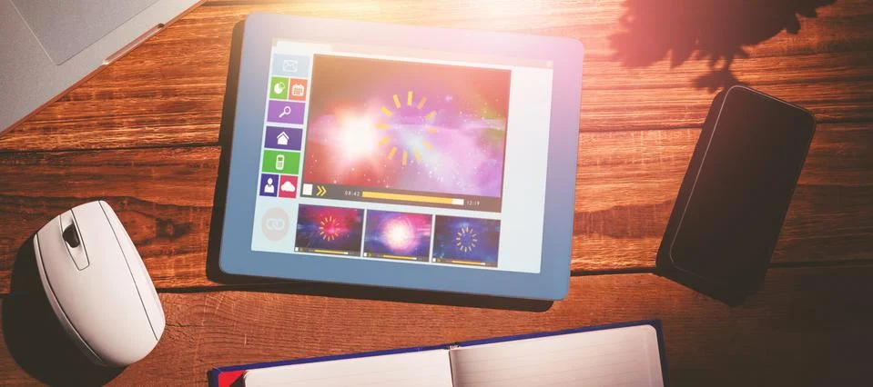 Composite image of digitally generated image of various video and icons Stock Photos