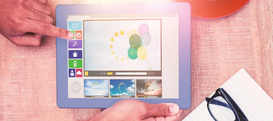 Composite image of digitally generated image of various video and computer icons Foto stock