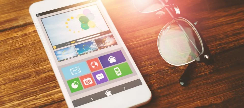 Composite image of digitally generated image of various video and icons Stock Photos