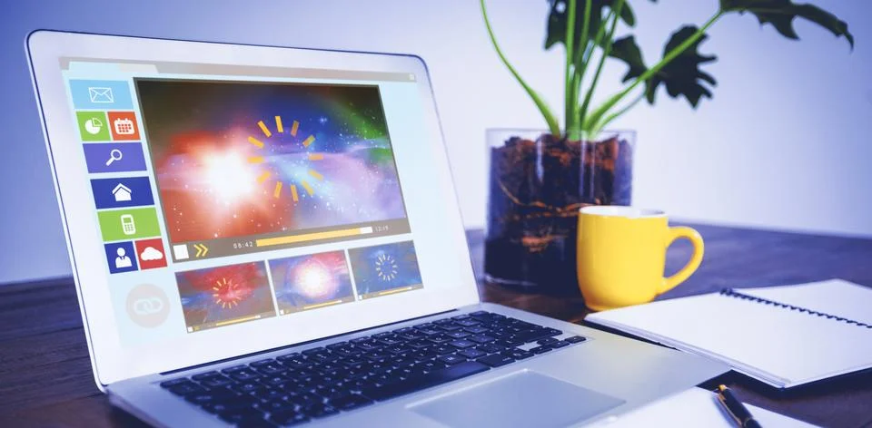 Composite image of digitally generated image of various video and icons Stock Photos
