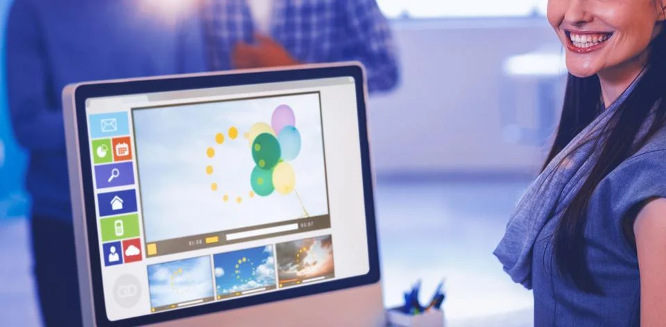 Composite image of digitally generated image of various video and computer icons Stock Photos