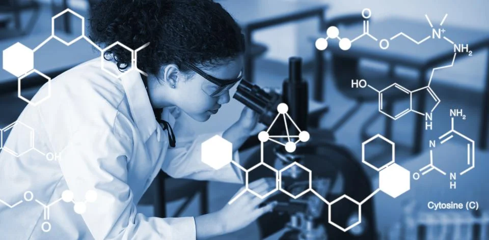 Composite image of digitally generated image of chemical structure Foto stock