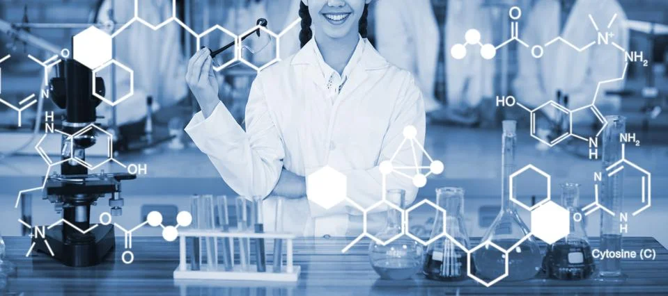 Composite image of digitally generated image of chemical structure Foto stock