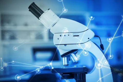 Composite image of digitally generated image of molecular structure on screen Foto stock