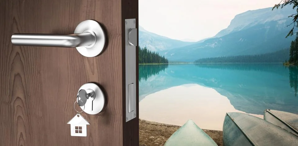 Composite image of digitally generated image of brown door with key Stock Photos