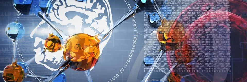 Composite image of digitally image of dna helix and brain interface Stockillustratie