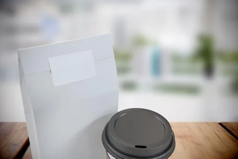 Composite image of disposable coffee cup and parcel bag Photos