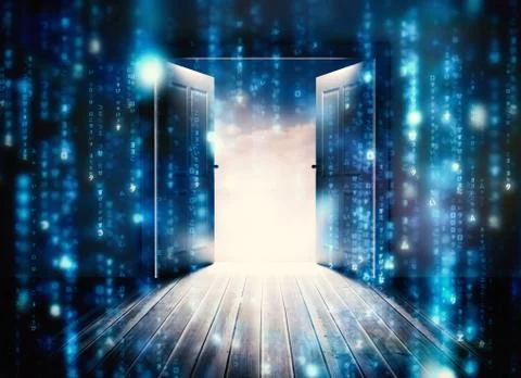 Composite image of doors opening to reveal beautiful sky Illustrazione stock