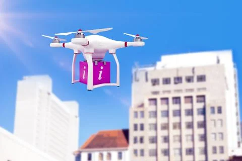 Composite image of a drone bringing a pink cube Ilustración de archivo