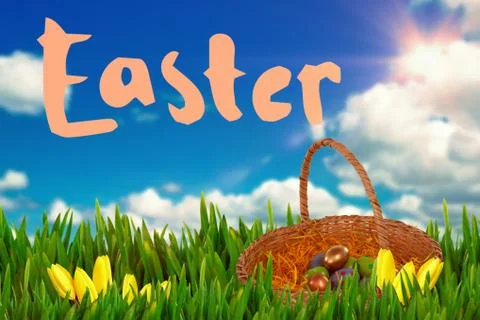 Composite image of easter eggs in paper nest basket 스톡 사진