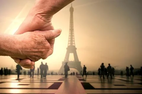 Composite image of elderly couple holding hands Foto stock