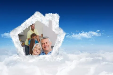 Composite image of elderly couple sitting on the couch and smiling at camera Stock Illustration