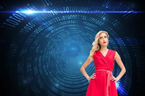 Composite image of elegant blonde standing hands on hips Illustrazione stock