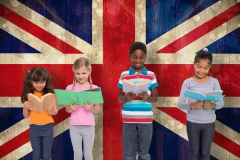 Composite image of elementary pupils reading Stock Illustration