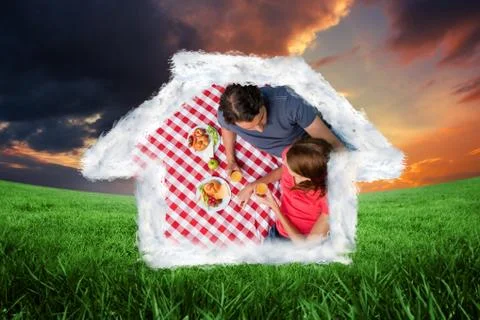 Composite image of elevated view of two friends lying on a blanket with a picnic Stock Illustration