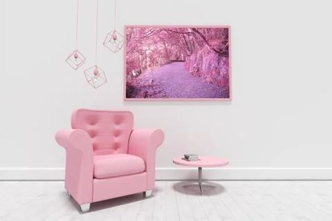 Composite image of empty armchair by table against blank picture frame Illustrazione stock