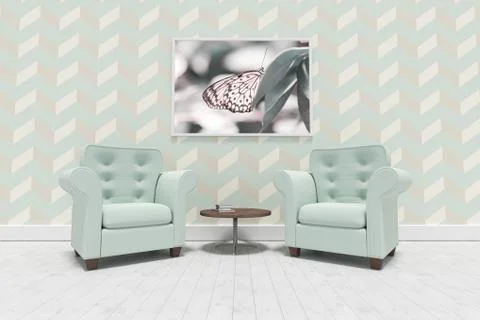 Composite image of empty armchairs and table against blank picture frame Stock-Illustration