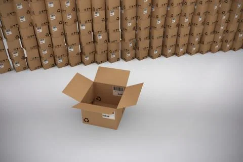 Composite image of empty cardboard box by stack of boxes Stock Photos