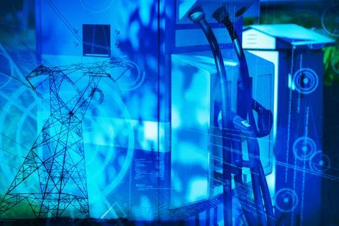 Composite image of the evening electricity pylon silhouette 库存照片