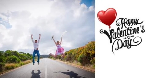 Composite image of excited couple jumping on the road Ilustração Stock