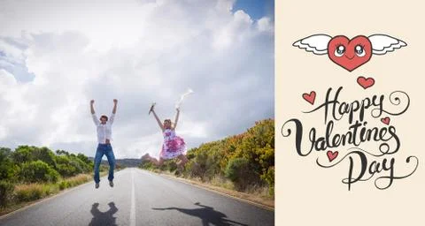 Composite image of excited couple jumping on the road Ilustração Stock