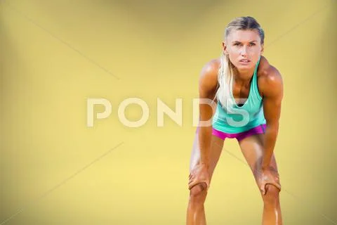 Composite image of exhausted woman after her run Stock Photos