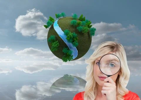 Composite image of fair-haired woman looking through a magnifying glass Stock Illustration