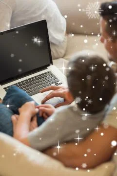 Composite image of father teaching boy in using laptop Illustrazione stock
