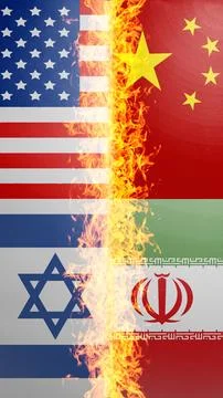 A composite image featuring the flags of the USA, China, Israel, and Iran s.. Stock Photos