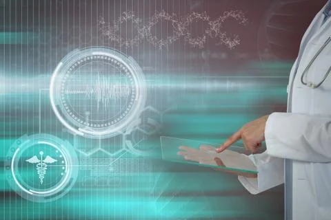 Composite image of female doctor using digital tablet 스톡 사진