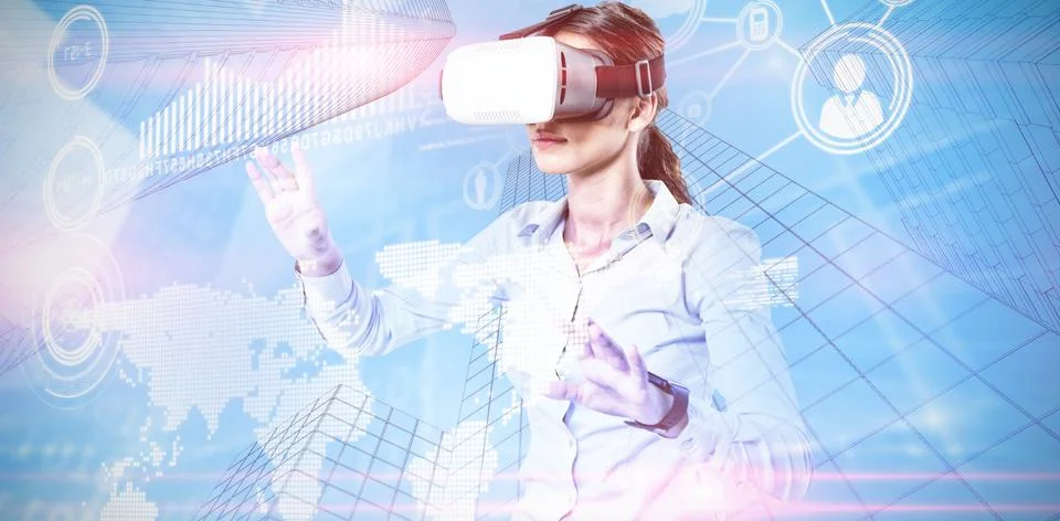Composite image of female executive using virtual reality headset 写真素材