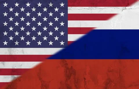 Composite image of flag of america and russia painted on wall, copy space Stock Illustration
