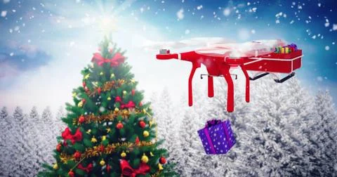 Composite image of flying drone pulling chirstmas sledge Illustrazione stock