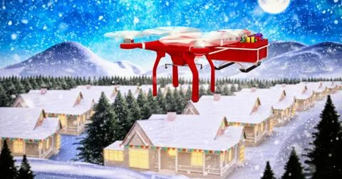 Composite image of flying drone pulling chirstmas sledge Illustrazione stock