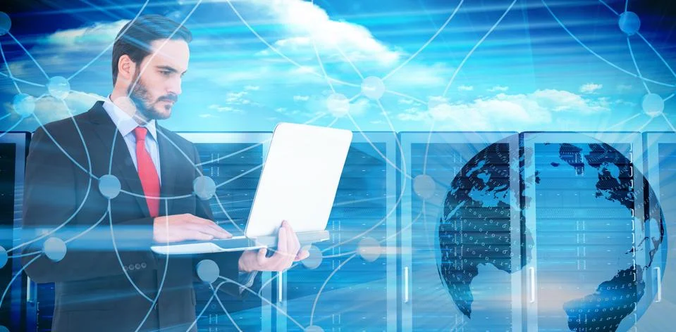 Composite image of focused businessman using his laptop Stock Illustration