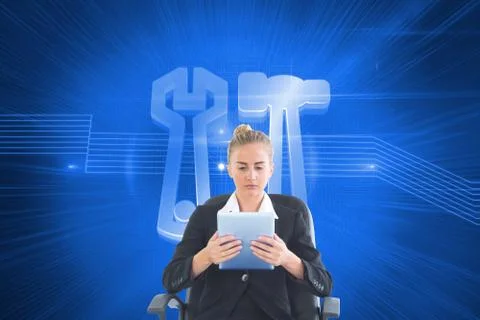 Composite image of front view of concentrated chic businesswoman using her Illustrazione stock