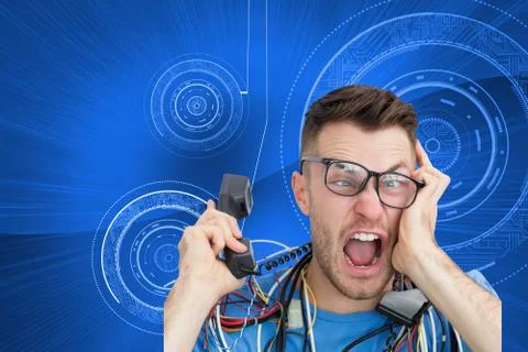 Composite image of frustrated computer engineer screaming while on call in front Stock Illustration
