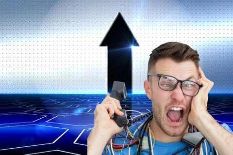 Composite image of frustrated computer engineer screaming while on call in front Stock Illustration