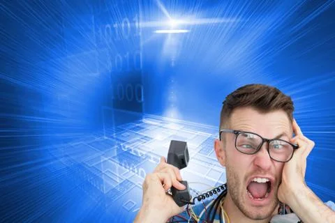 Composite image of frustrated computer engineer screaming while on call in front 스톡 일러스트