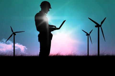 Composite image of full length of repairman using laptop Stock Illustration